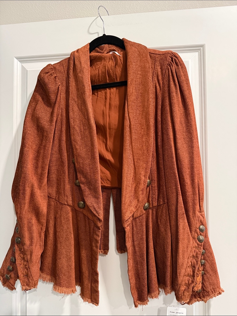 NWT Free People throwback couduroy Rust Orange Open-Front Jacket sz s